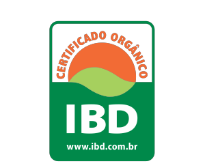 Logo de certificação orgânica com o texto "Certificado Orgânico", uma ilustração de uma paisagem com sol e colinas, e o site "www.ibd.com.br".