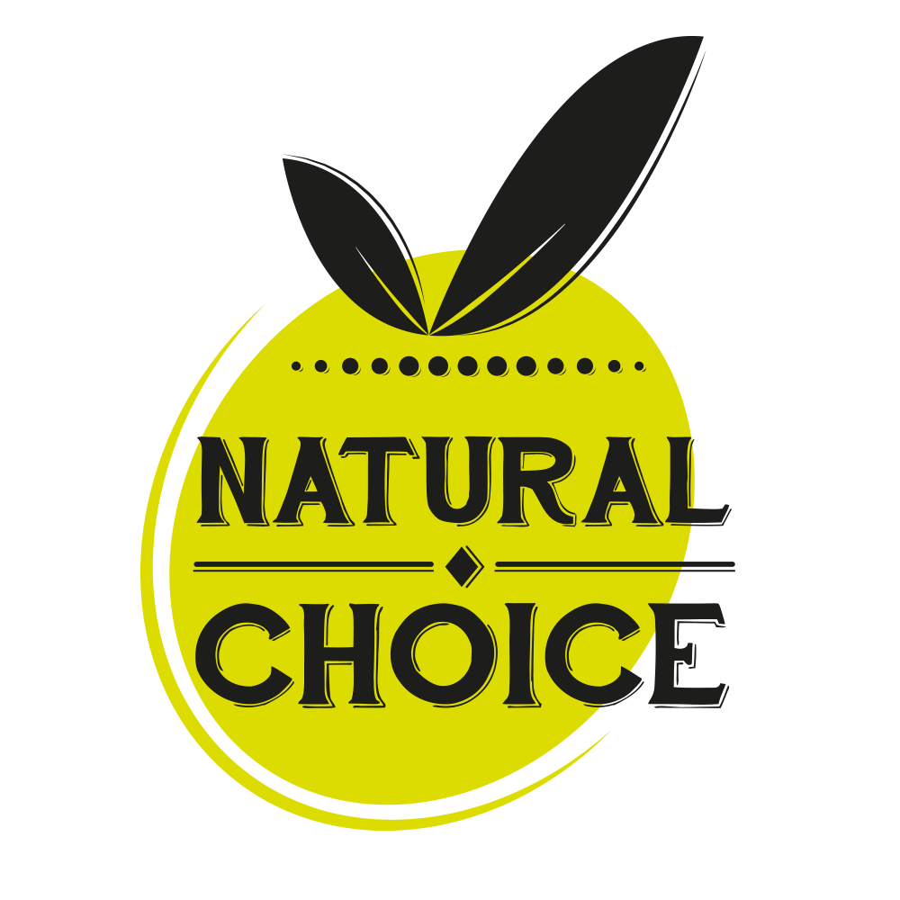 Logotipo com uma laranja amarela e folhas verdes, com o texto 'Natural Choice' em destaque.