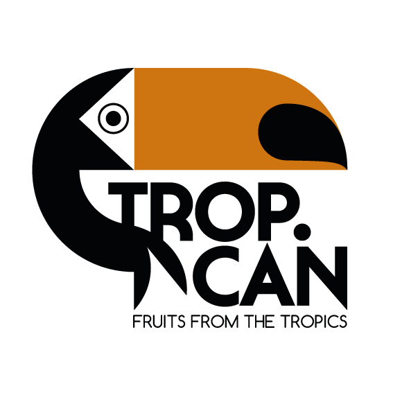 Logotipo de uma pomba com cores preto, branco e laranja, com a inscrição 'TROP. CAN' e a frase 'FRUITS FROM THE TROPICS'.