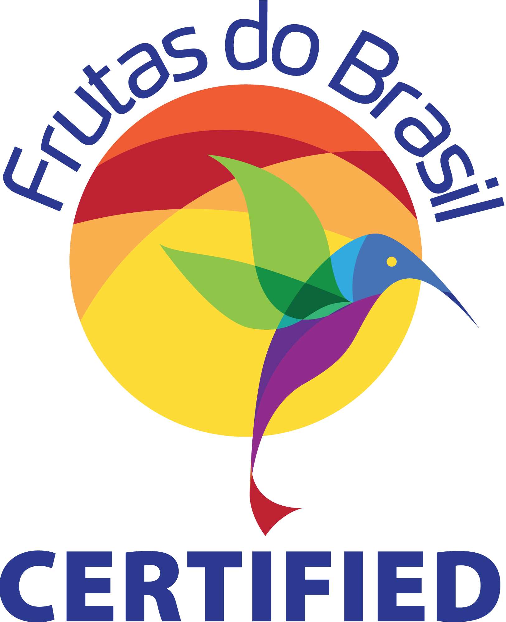 Logo com um beija-flor estilizado feito de formas coloridas sob um fundo circular. Texto acima do círculo: 'Frutas do Brasil', abaixo: 'CERTIFIED'.