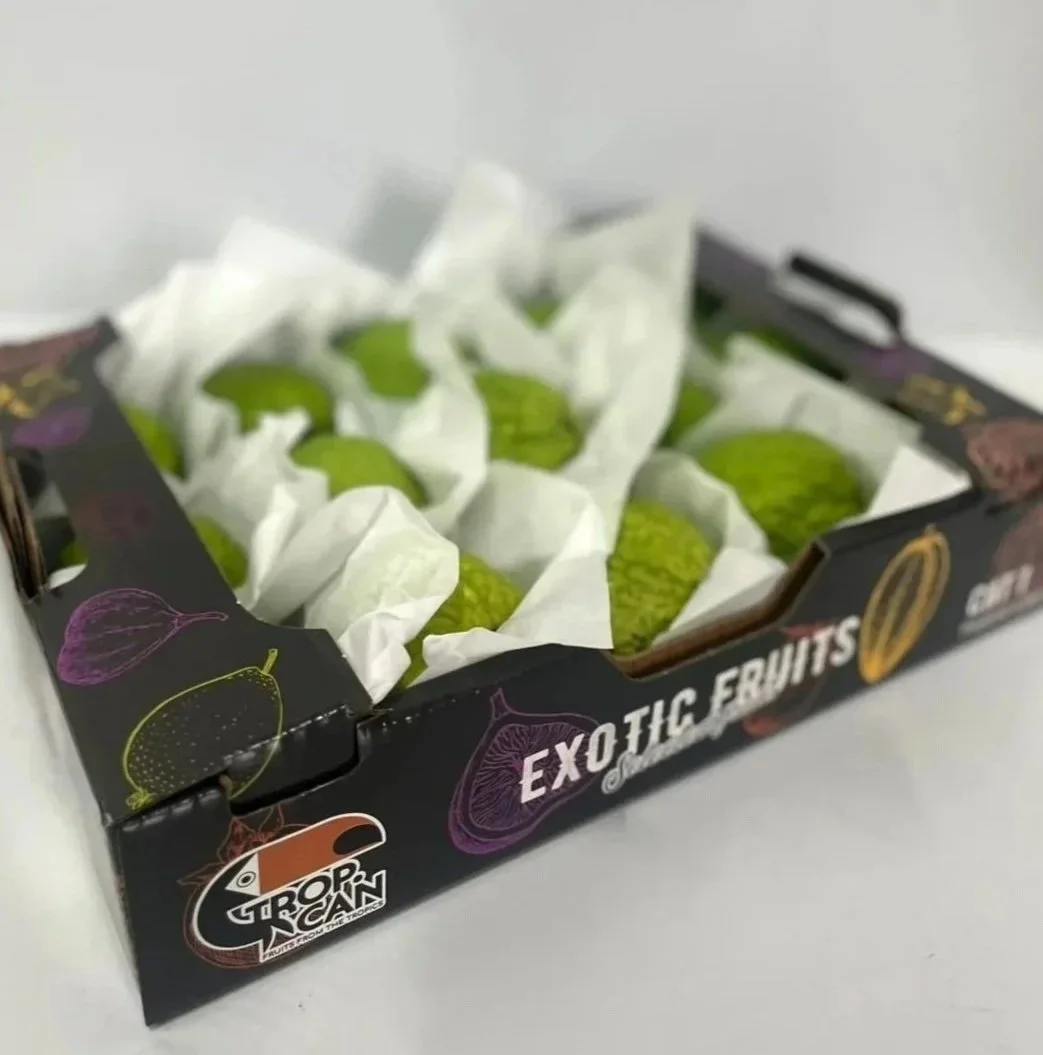 exotic fruits carton filled with green guavas surrounded by tissue papers