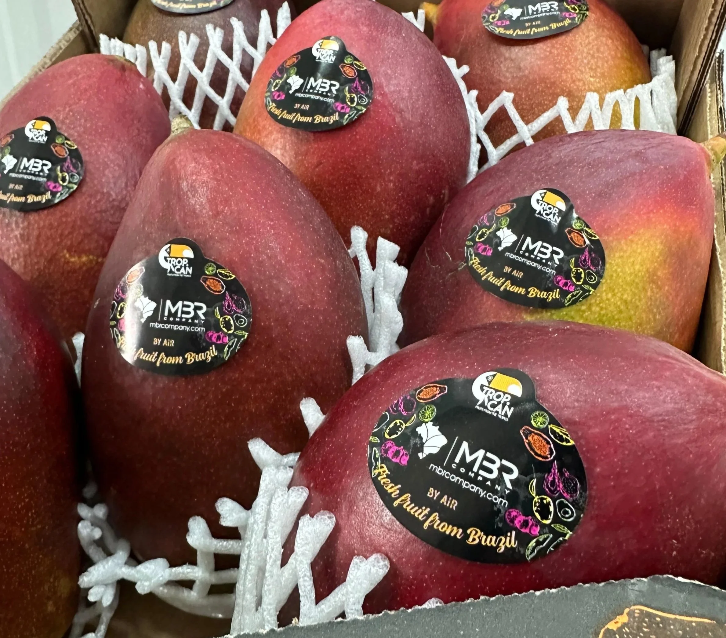 Abacaxis vermelhos embalados em uma caixa de papelão com etiquetas que dizem 'MZR', 'by Air' e 'Fruit from Brazil'.