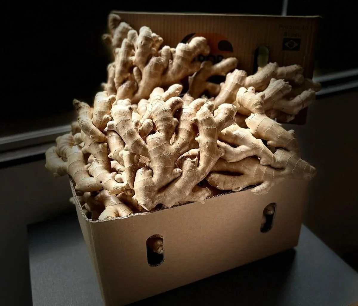 Raiz de gengibre fresca em uma caixa de papelão.