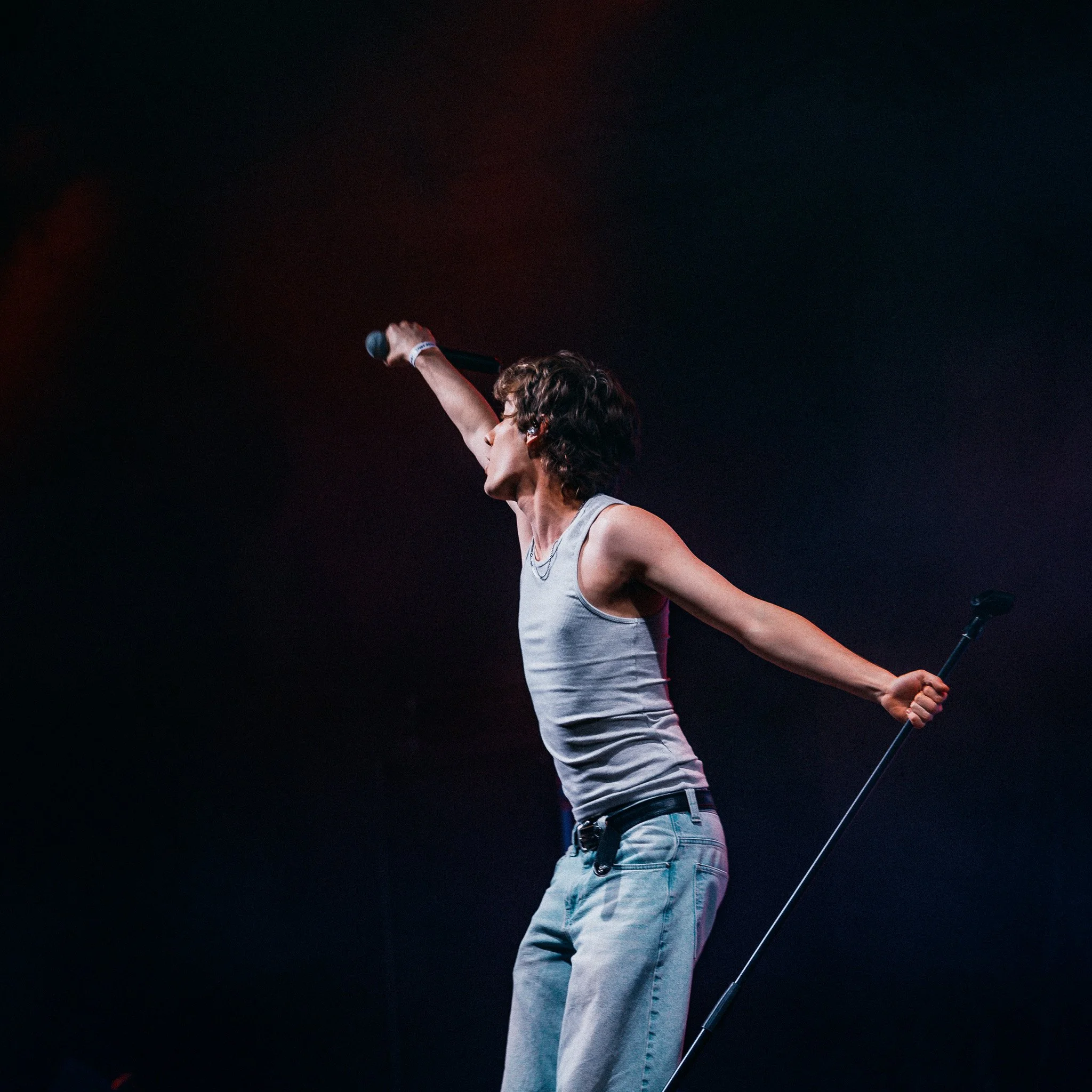 A person with curly hair wearing a gray sleeveless shirt and blue jeans holding a microphone in one hand and extending their arm, with a dark background and red lights