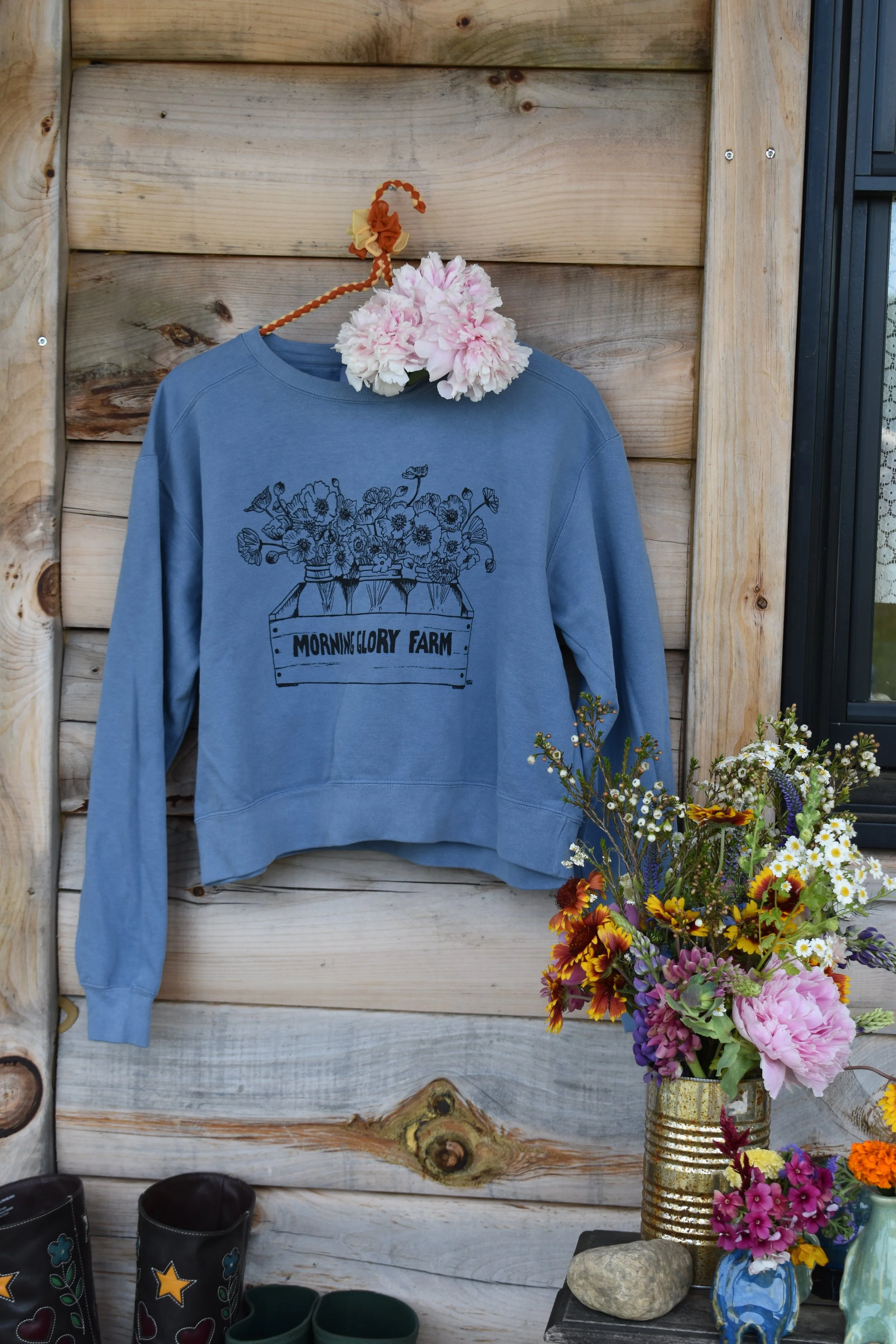 Morning Glory Farm “Flours” Boxy Faded Blue Jean Sweatshirt