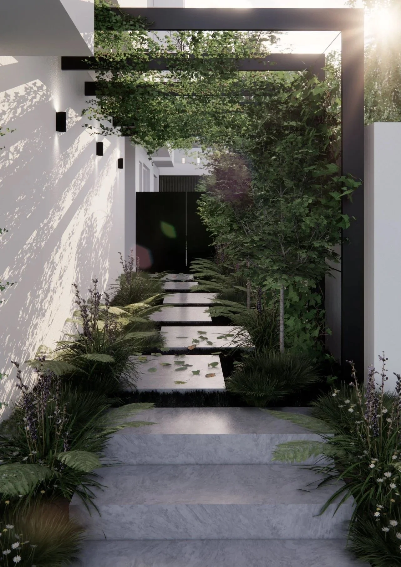 Modern outdoor garden path with stepping stones and lush greenery on both sides, leading to a black gate, with sunlight filtering through trees.
contemporary outdoor space and garden design and landscaping.