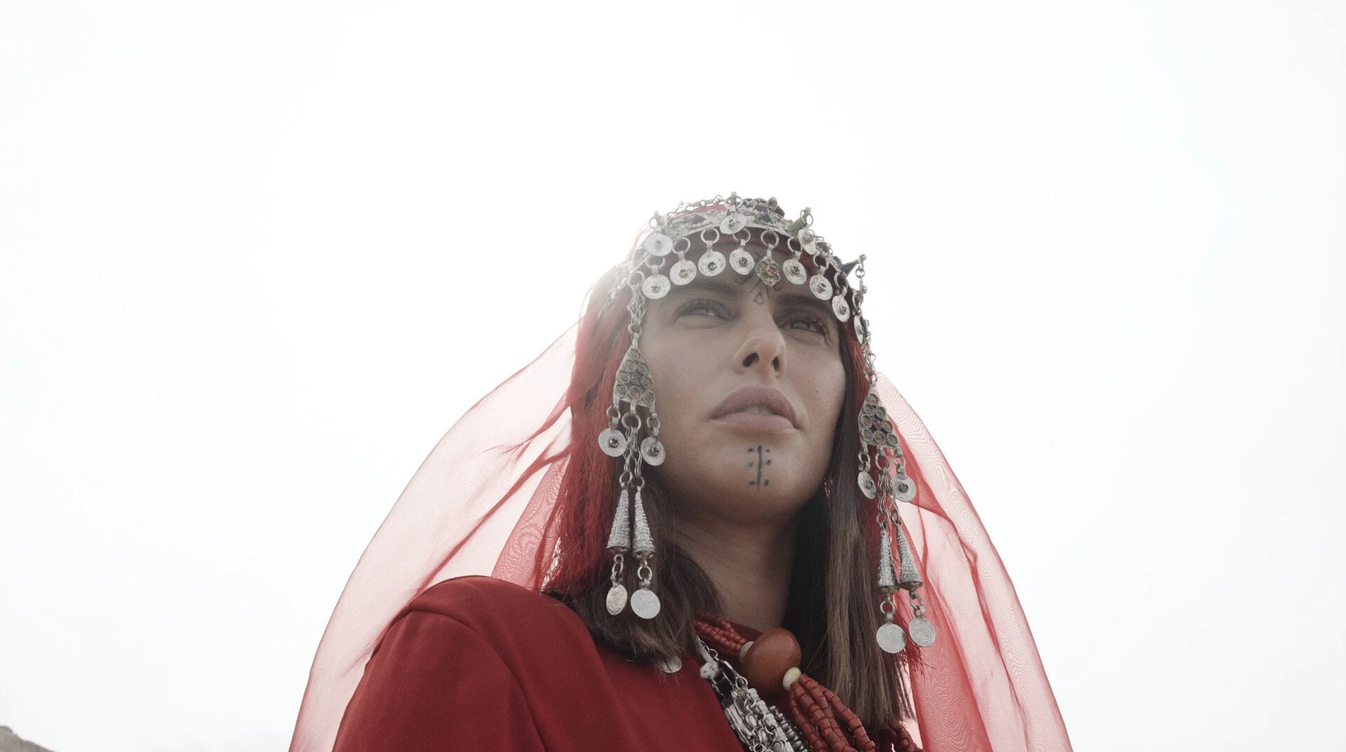 A person is dressed in traditional attire with ornate jewelry and accessories, wearing a red veil and looking off into the distance against a bright sky.