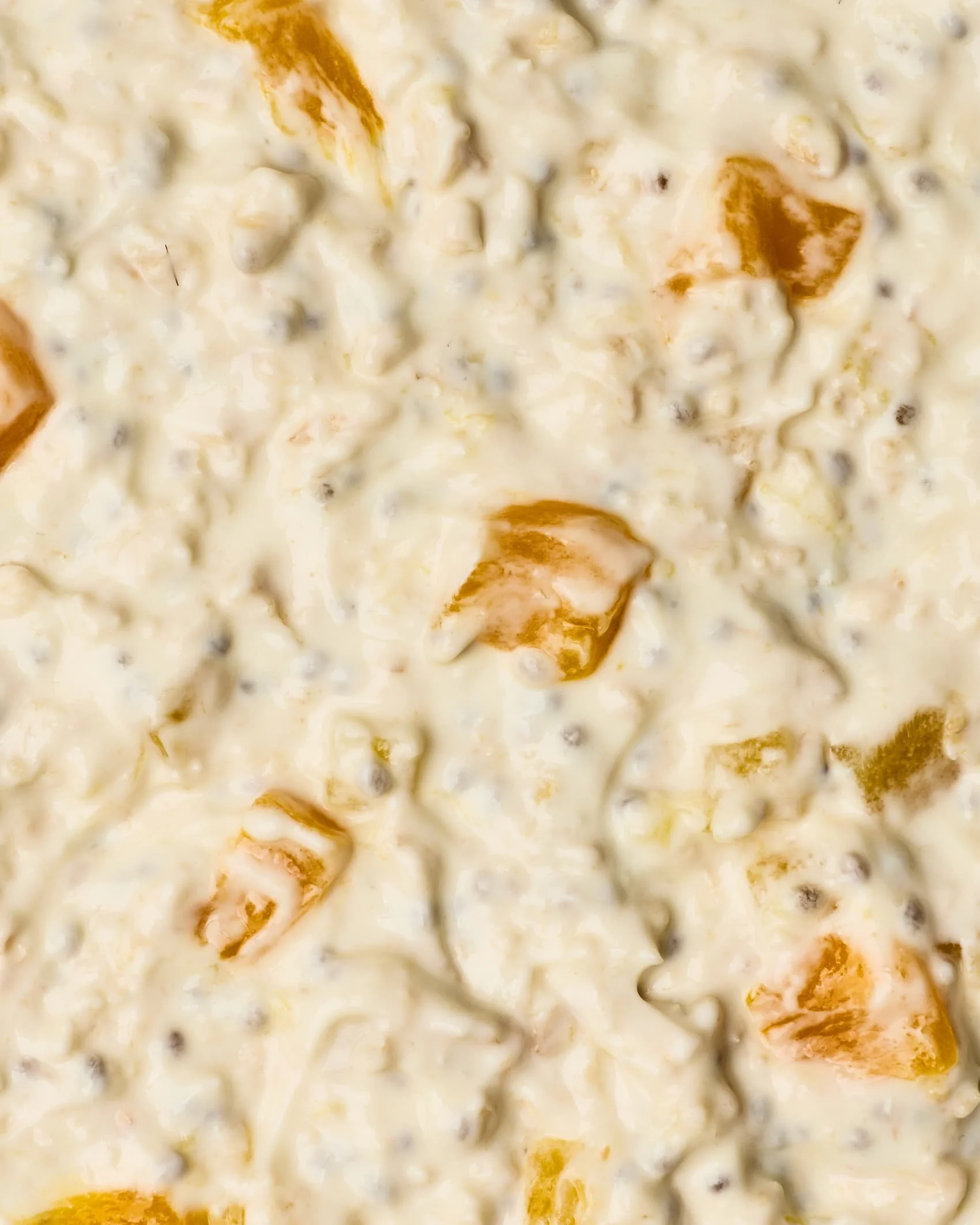 Close-up of a creamy dish with chunks of orange-colored vegetables, possibly sweet potatoes or carrots, and small dark specks, possibly spices or herbs, in a thick white sauce.