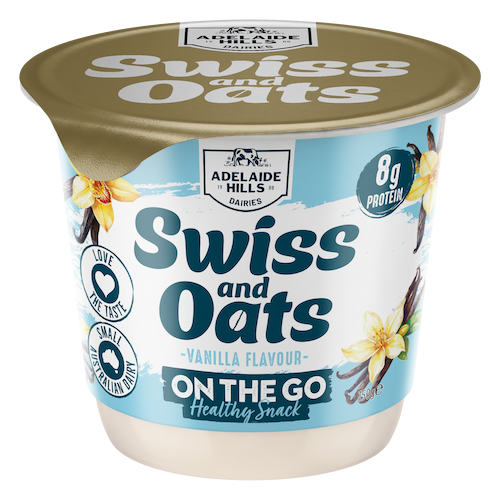 A cup of Adelaide Hills Swiss and Oats vanilla flavor healthy snack with 8g protein, featuring vanilla flowers and vanilla pods on the label.