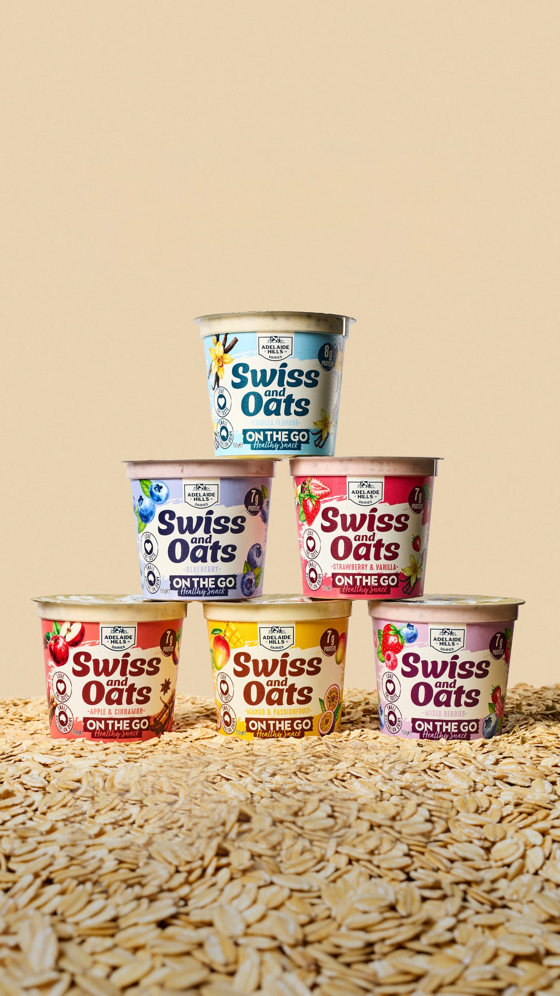 Stacked cups of Swiss and Oats yogurt with different flavors, including vanilla, blueberry, strawberry and vanilla, apple and cinnamon, mango and passionfruit, and mixed berries, on a textured surface with a plain wall background.