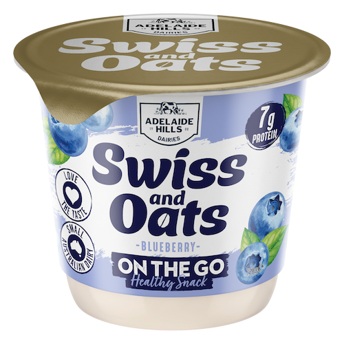 Container of Adelaide Hills Swiss and Oats Blueberry on the go healthy snack with blueberries and labels indicating high protein content and small Australian origin.