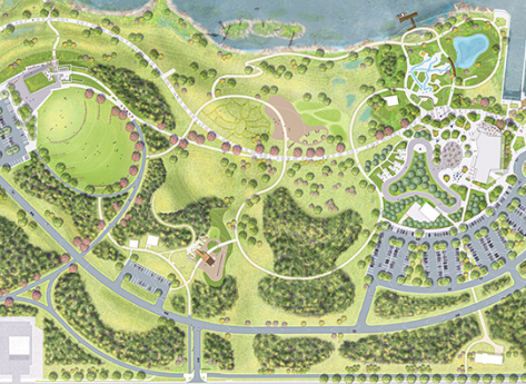 A detailed park map showing walking paths, green spaces, water features, and parking lots.