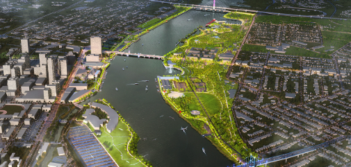 Aerial view of a city with a river running through it, surrounded by green parks, bridges, and buildings.