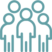 Icon of five people with one in the center, representing a group or team.