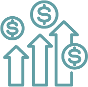 Graph with upward arrows and dollar signs indicating financial growth.