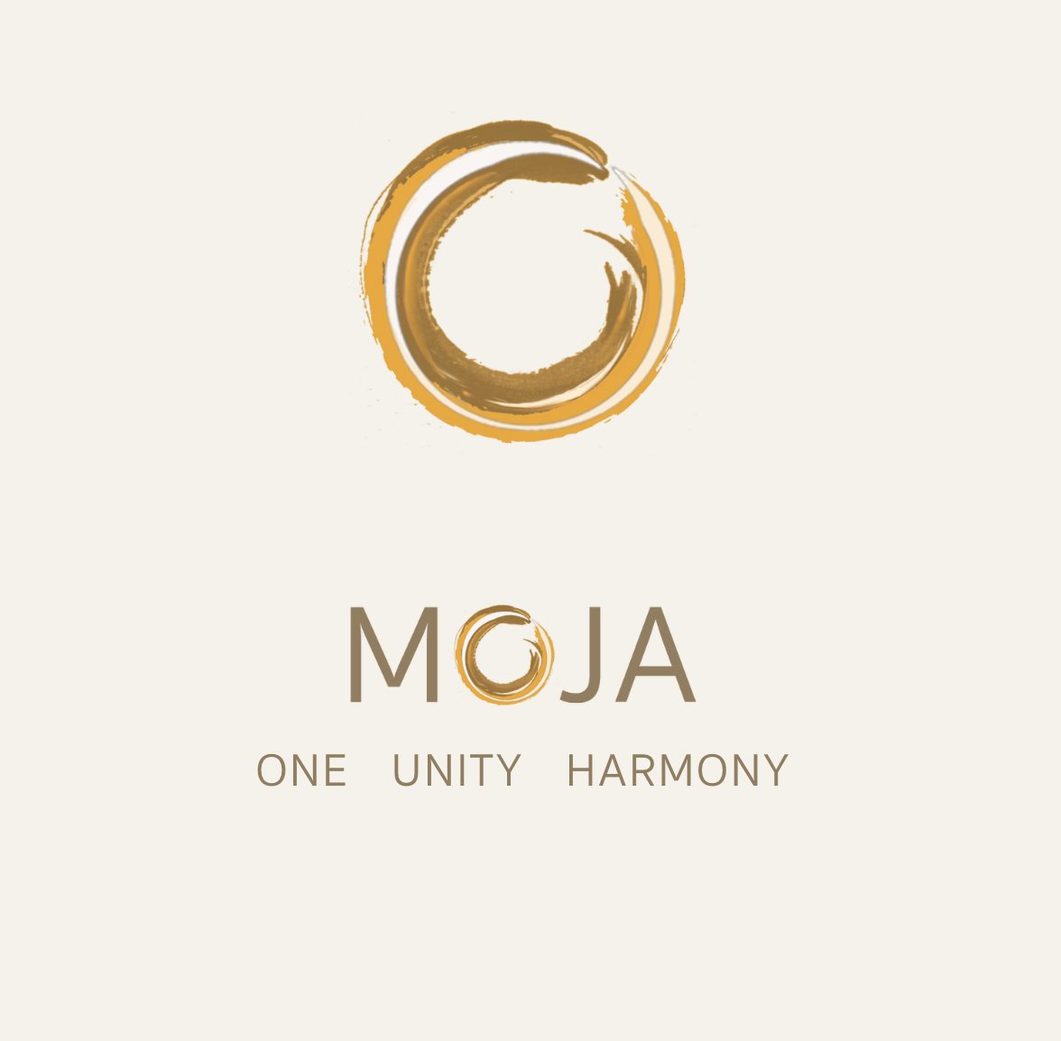 A logo featuring a circular brushstroke design in shades of brown and gold, with the word 'MOJA' underneath, and the tagline 'ONE UNITY HARMONY' below.