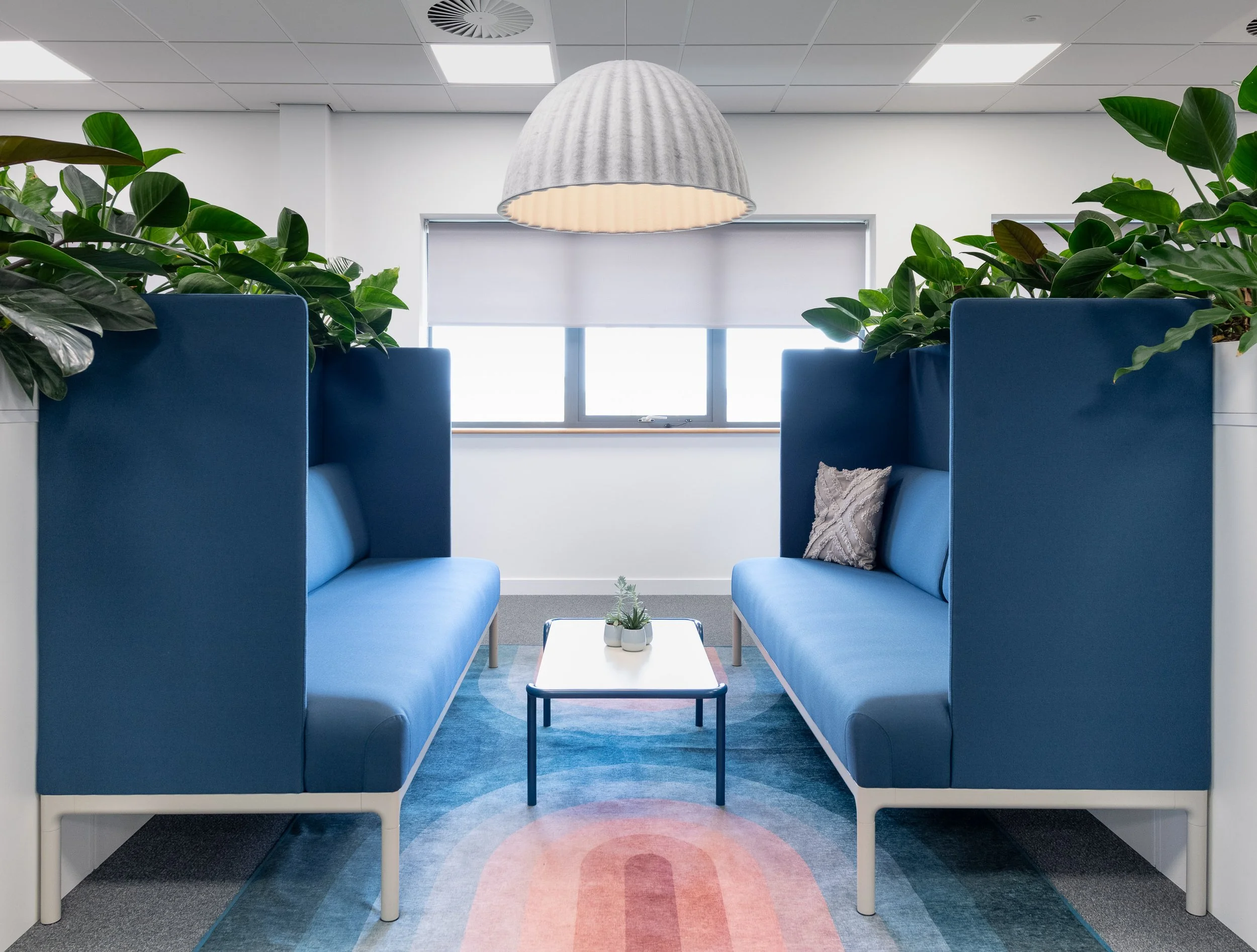 Two blue booth seats facing each other in an office or lounge space, separated by a small white table with small potted plants, green leafy plants on either side, large window with blinds, white walls, and a white dome-shaped overhead light.