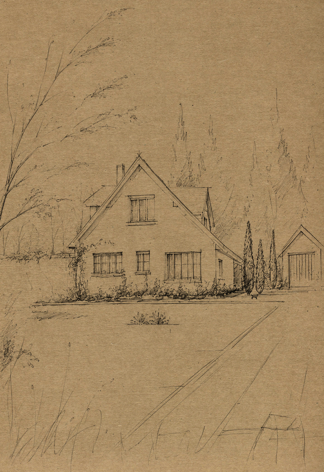 Sketch of a house with a steep roof, multiple windows, surrounded by trees, bushes, and a lawn.