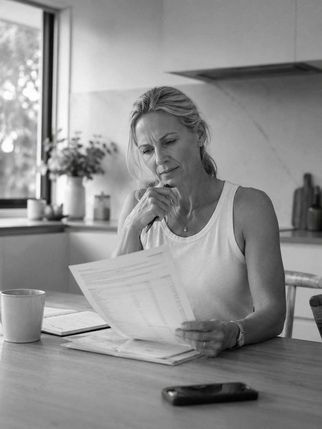 A woman sitting at a kitchen table, reading a document with a concerned expression, with a mug, notebook, and a cell phone on the table.