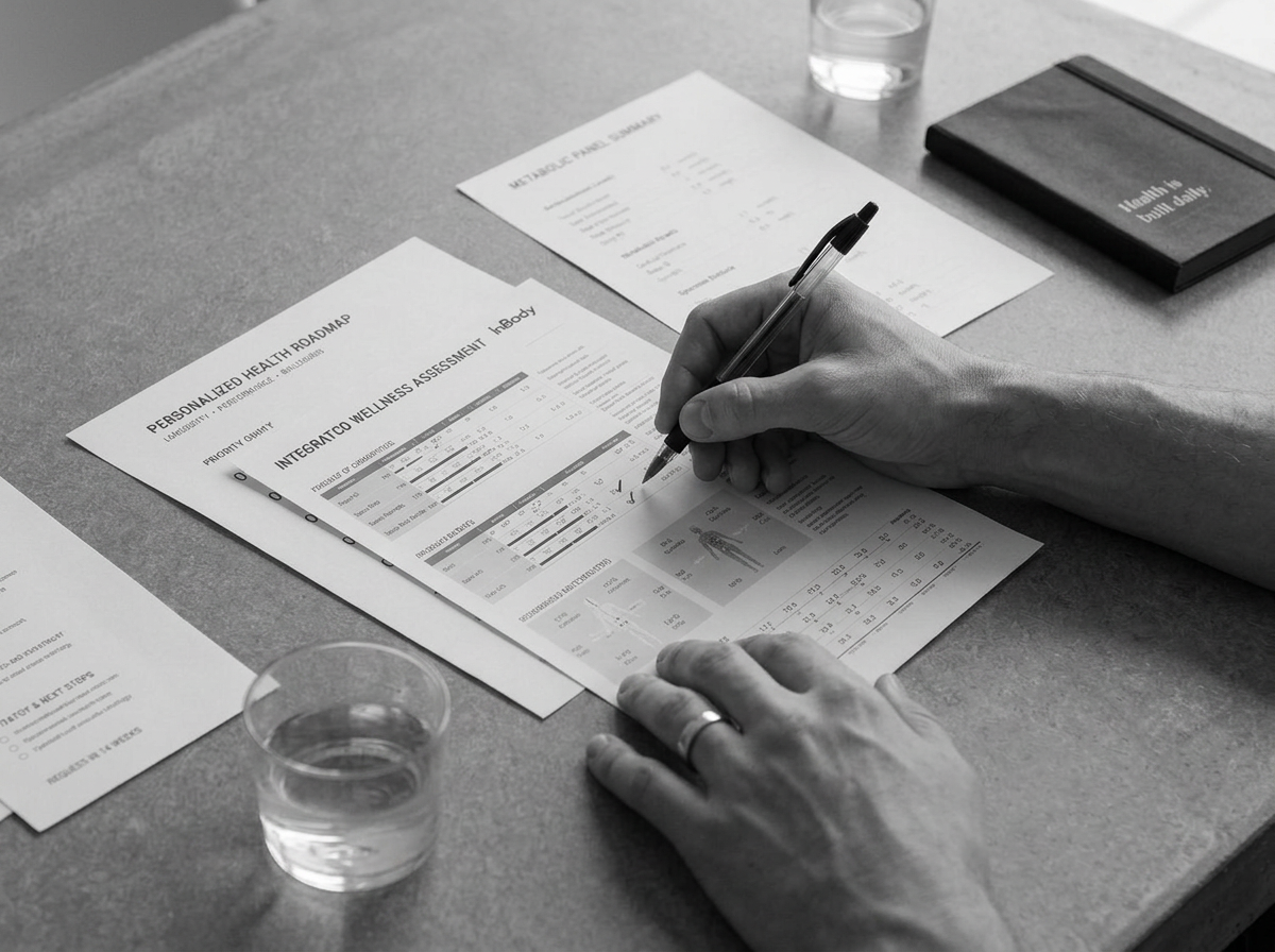 A person reading and filling out a health assessment form at a desk, with a glass of water, a notebook, and another paper nearby.