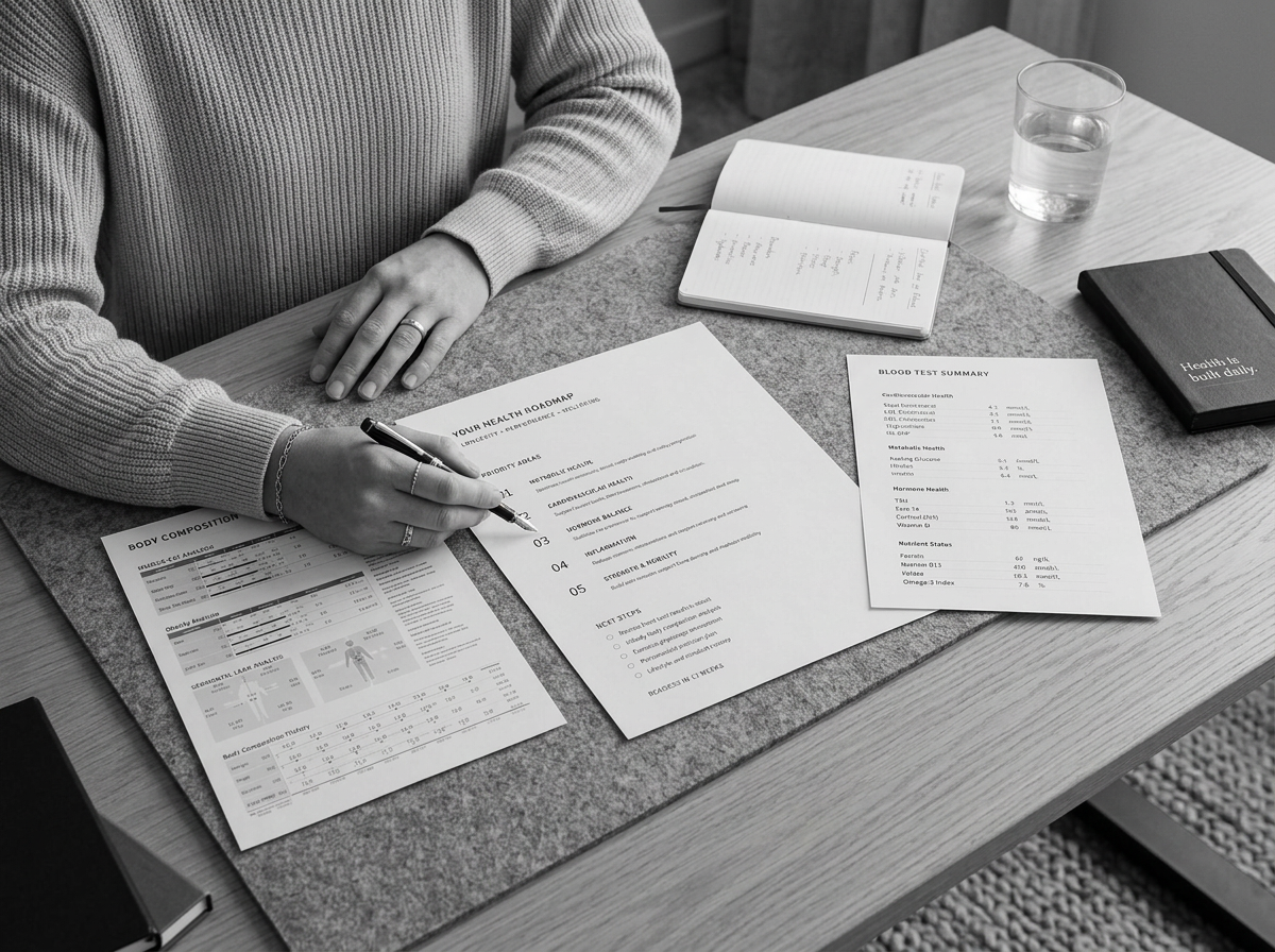 Person reviewing health and blood test reports on a wooden desk, surrounded by a glass of water, notebooks, and a pen.