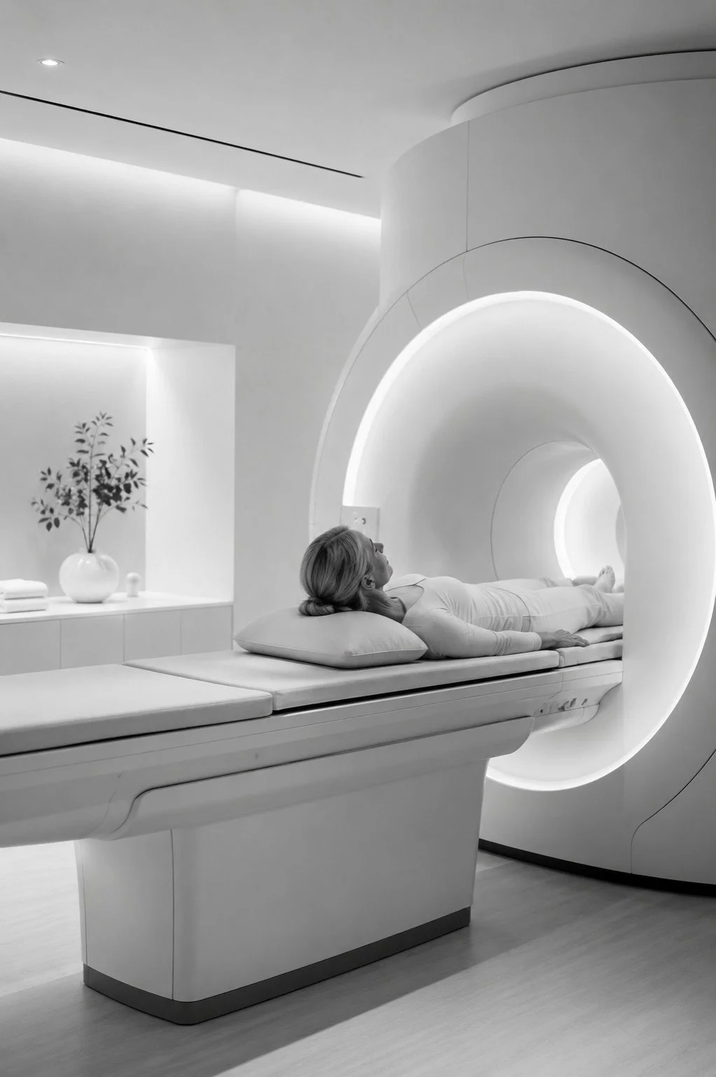 A woman lying on a medical MRI scanner bed in a modern, sleek, monochrome health facility.
