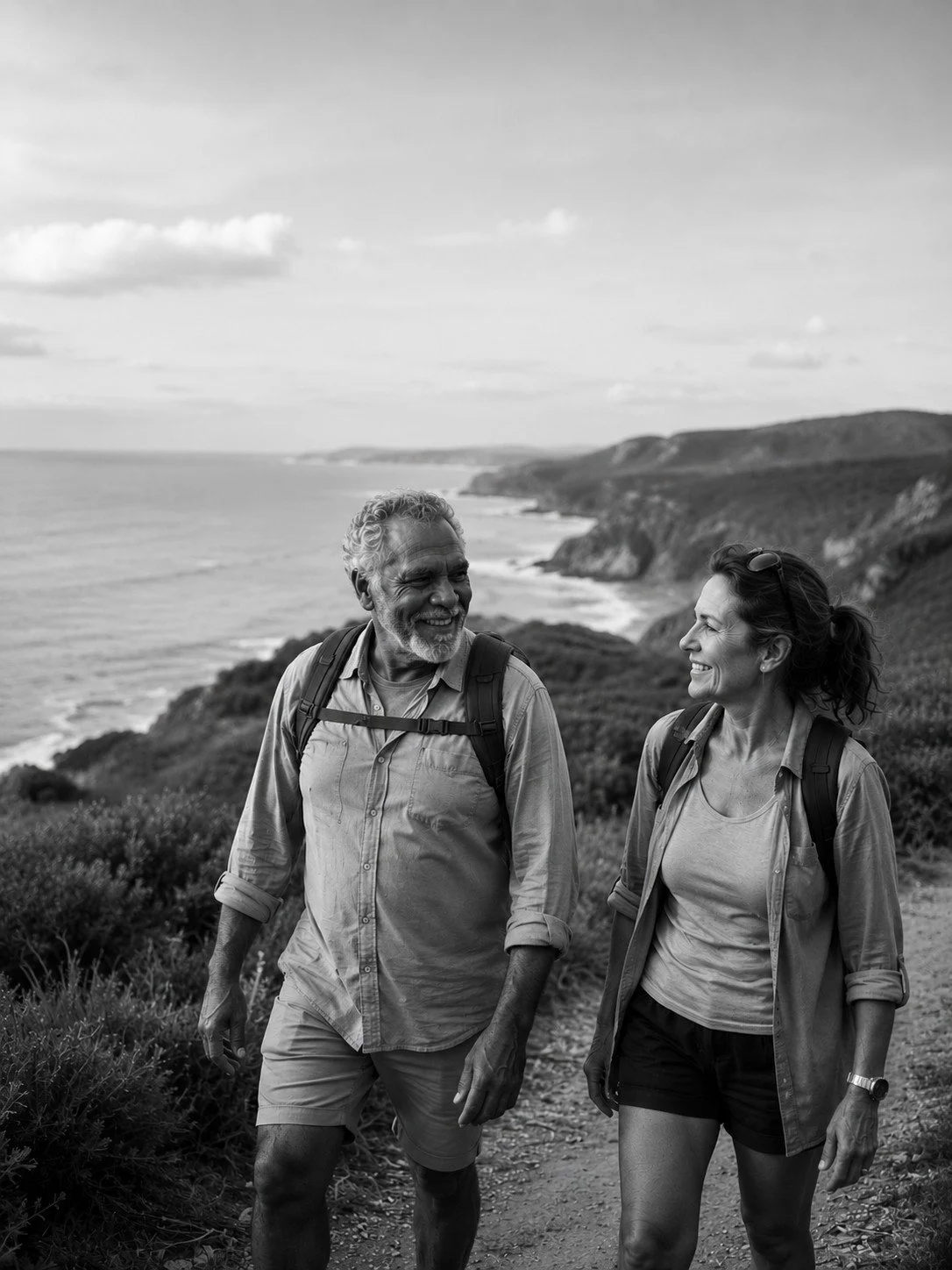 A smiling older man and woman hike together on a trail along the coastline. They are carrying backpacks and wearing casual outdoor clothing, enjoying a sunny day with a scenic view of cliffs and the ocean in the background.