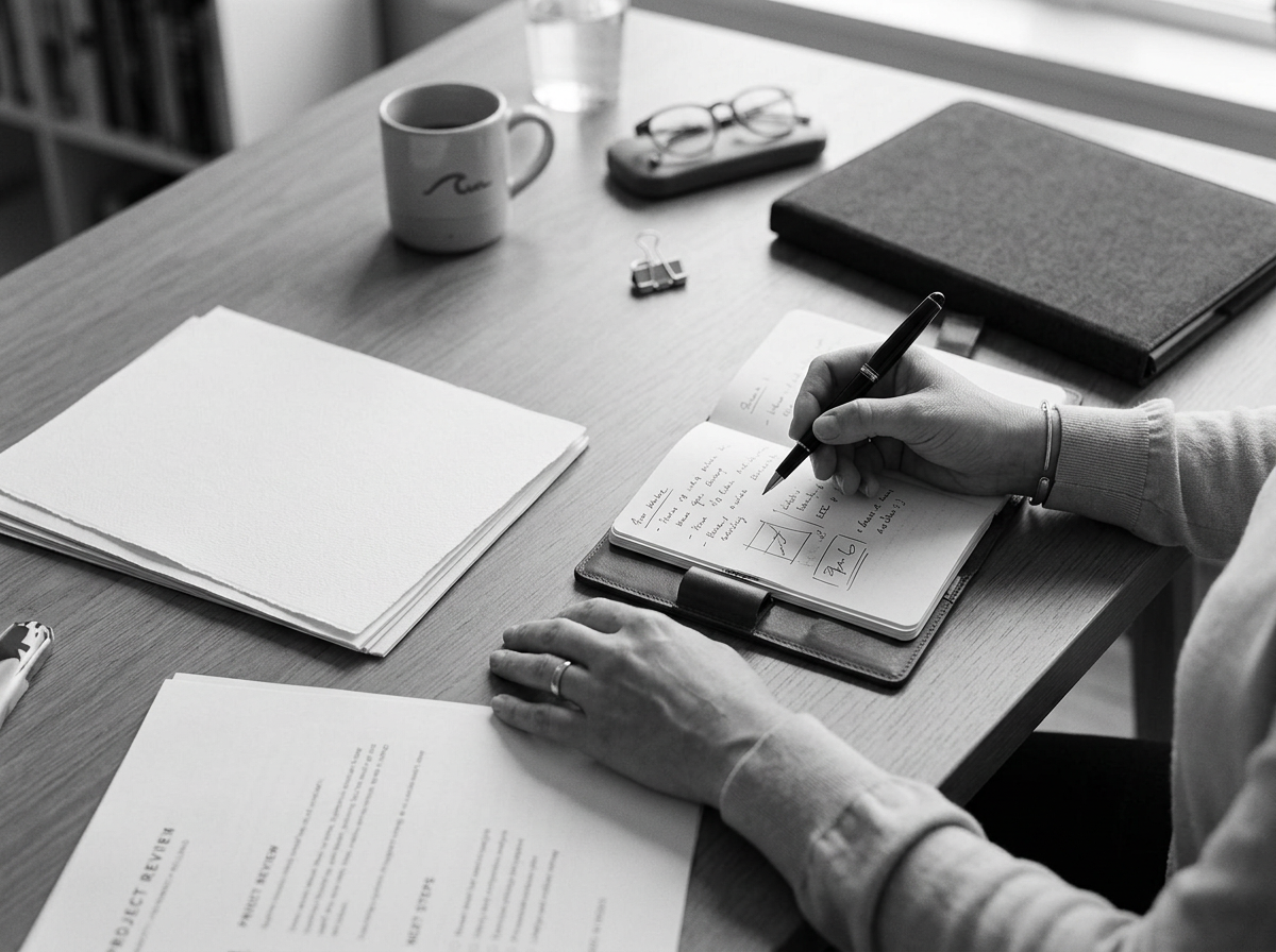 A person's hands writing in a notebook at a desk with papers, a mug, glasses, a closed book, a glass of water, and a binder.