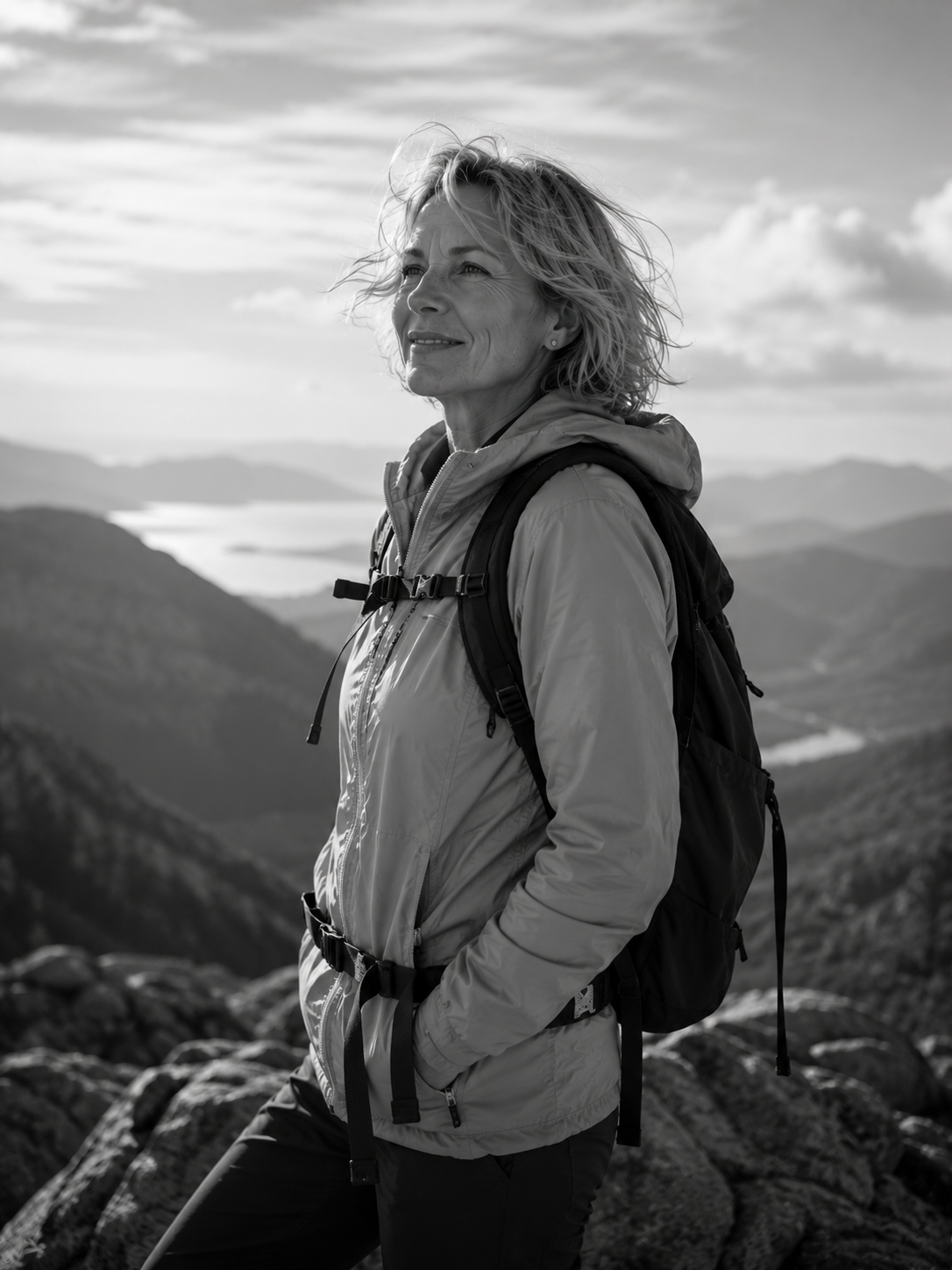 A woman with short, wavy hair stands outdoors on a mountain, wearing a jacket and backpack, overlooking a valley with lakes and hills in the distance.