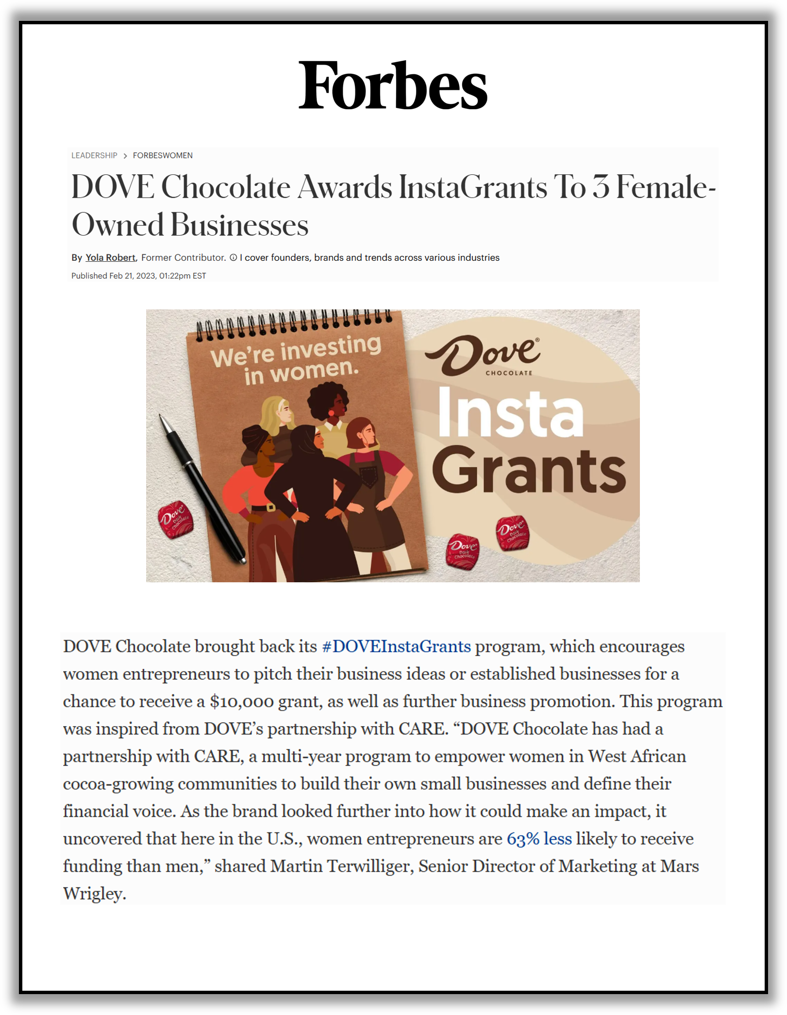 Screenshot of a Forbes article about Dove Chocolate's InstaGrants program for female entrepreneurs, featuring a collage of promotional materials including a notebook, illustration of diverse women, and Dove chocolate products.
