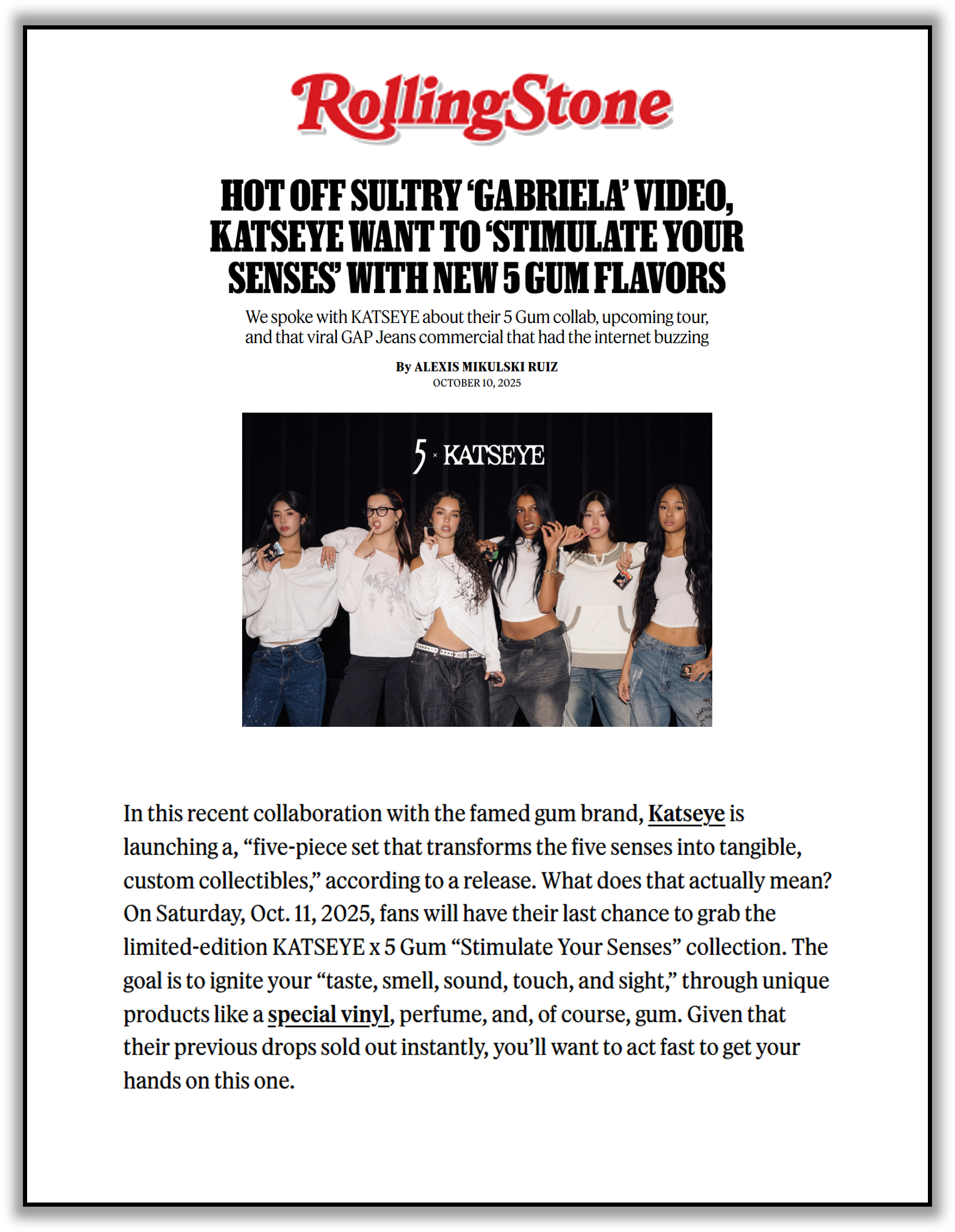 Screenshot of a Rolling Stone article titled 'Hot Off Sultry 'Gabriela' Video, Katseye Want To 'Stimulate Your Senses' with New 5 Gum Flavors. The article features a photo of five women from the Katseye music group, standing in a row with serious expressions, wearing casual outfits.