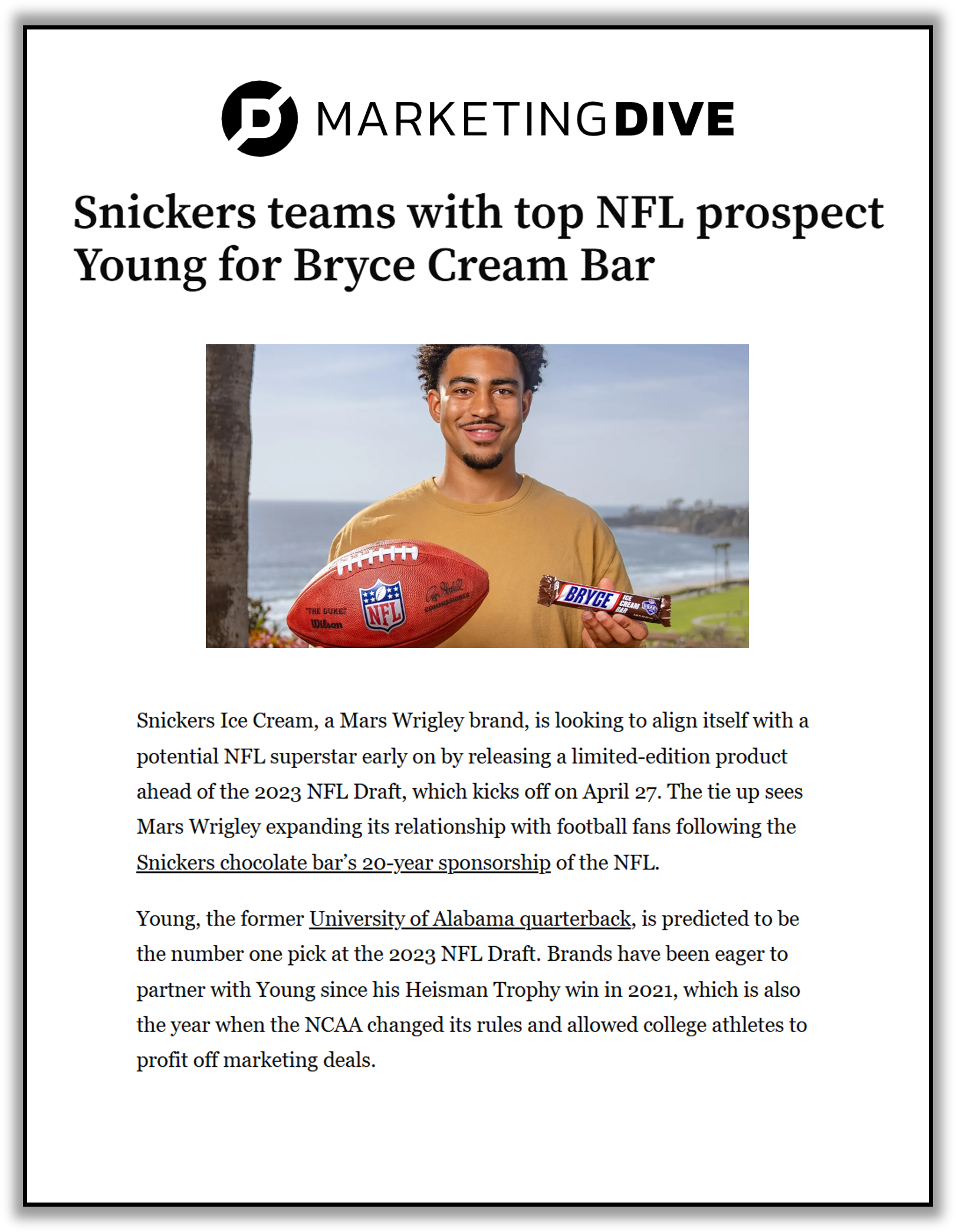 A smartphone screenshot of a news article about NFL prospects, featuring a man holding a football and a Bryce Ice Cream bar, with a background of a coastal view and a palm tree.