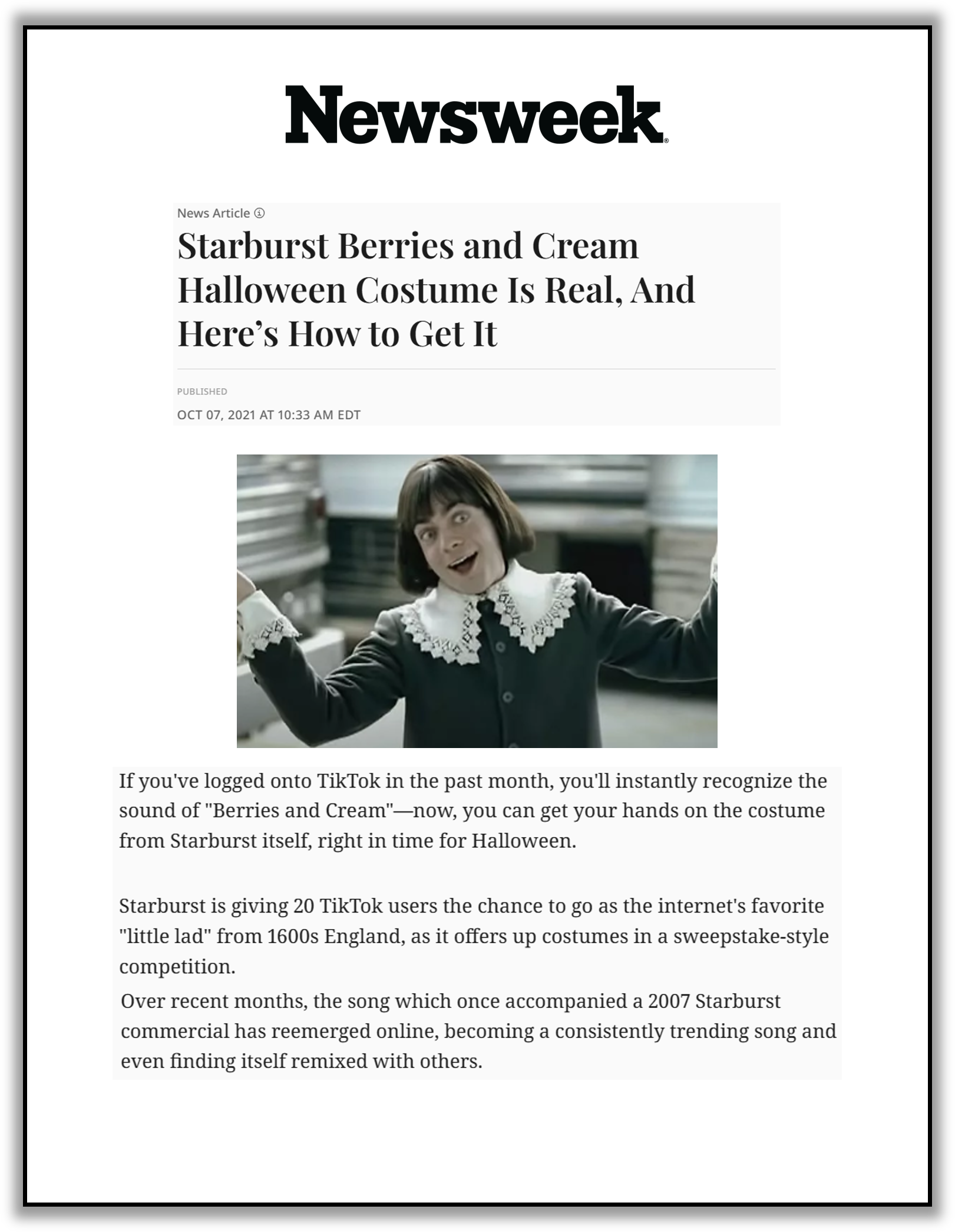 Screenshot of a news article from Newsweek titled 'Starburst Berries and Cream Halloween Costume Is Real, And Here's How to Get It' with a photo of a woman with short dark hair, wearing a Halloween costume, smiling and raising her arms.