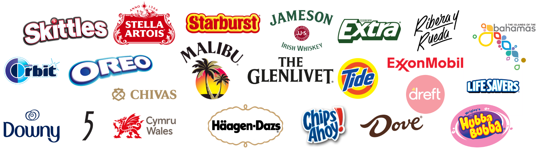 Collection of various brand logos, including Skittles, Stella Artois, Starburst, Jameson Irish Whiskey, Extra, Ribery Rueda, Bahamas, Orbit, Oreo, Malibu, The Glenlivet, Tide, ExxonMobil, Lifesavers, Downy, Chivas, Cymru Wales, Häagen-Dazs, Chips Ahoy!, Dove, Dref, Hubba Bubba, and 5.