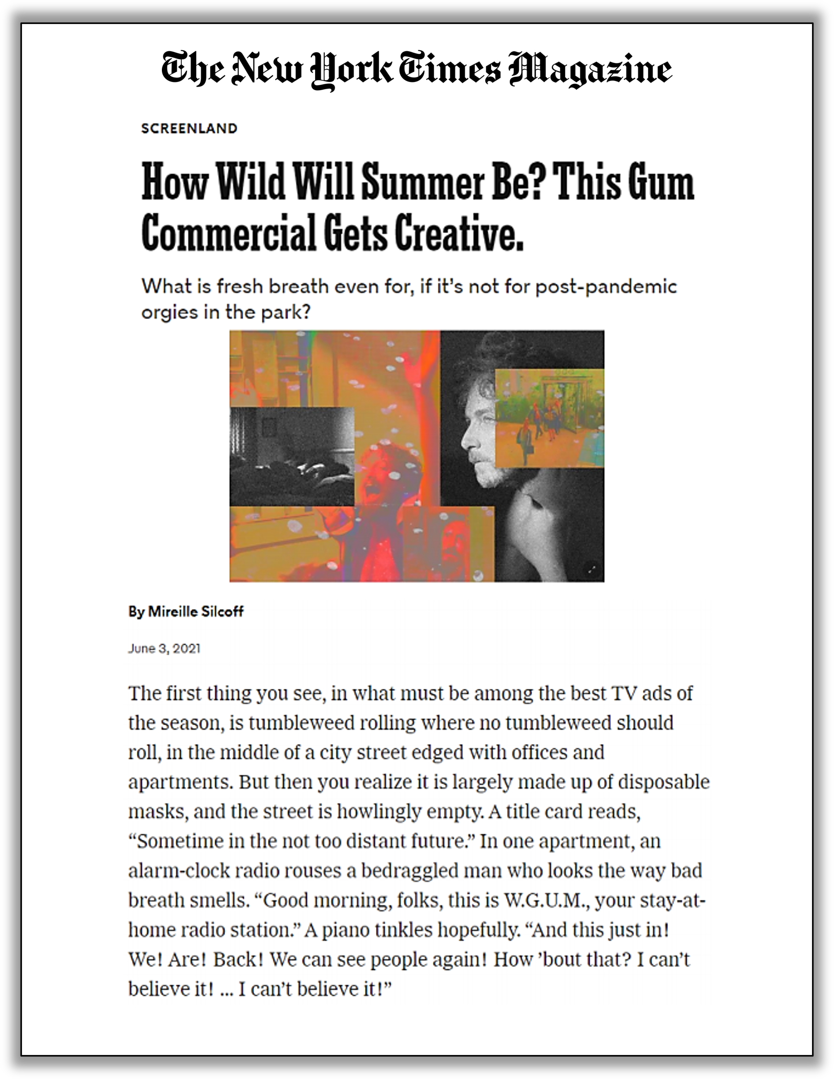 Screenshot of a newspaper or magazine article with the title 'How Wild Will Summer Be? This Gum Commercial Gets Creative' and an image of a person with overlaid colorful graphics.