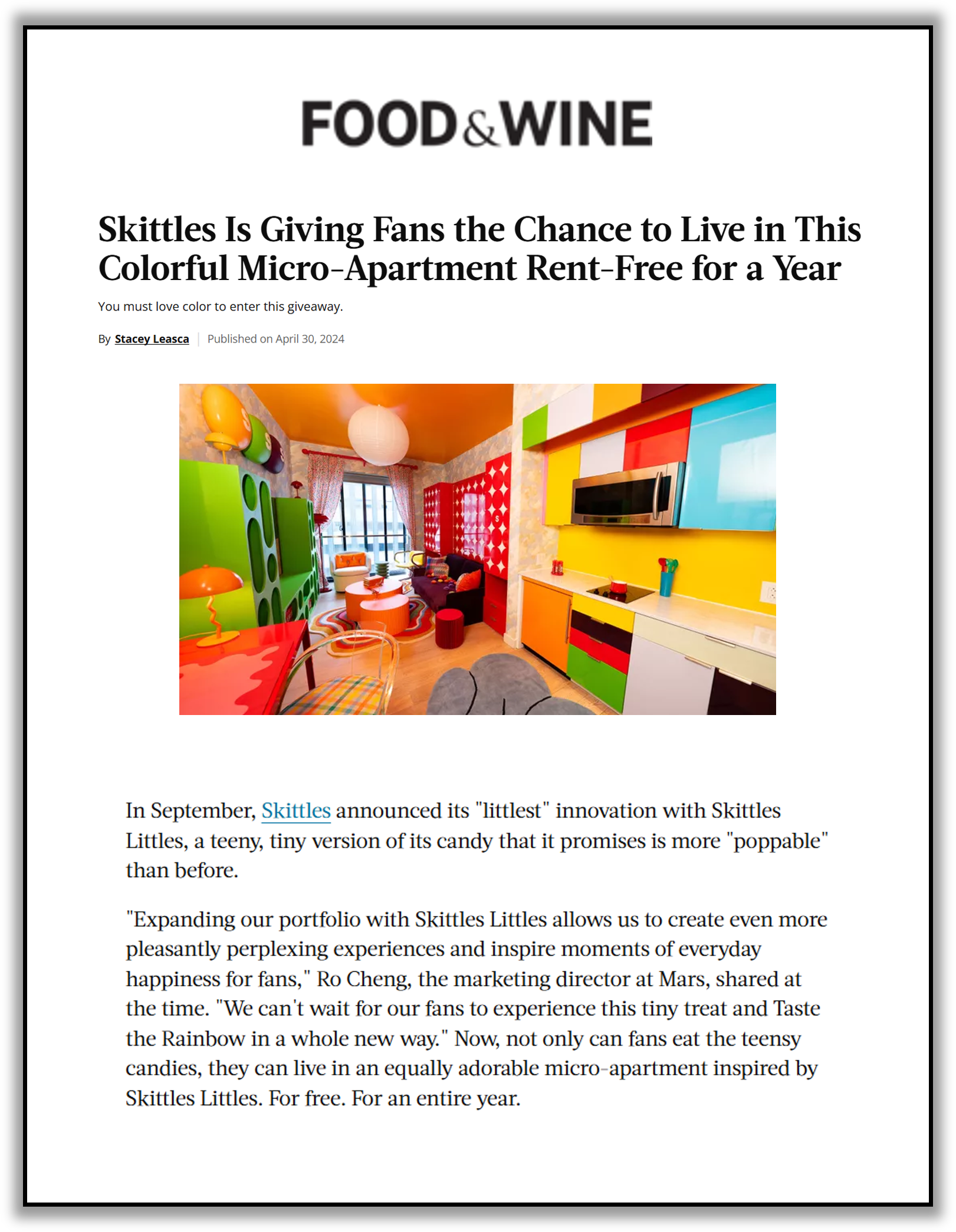 Screenshot of a news article titled "Skittles Is Giving Fans the Chance to Live in This Colorful Micro-Apartment Rent-Free for a Year" with an image of a brightly colored, modern, and playful interior of a micro-apartment featuring colorful furniture, walls, and decor.