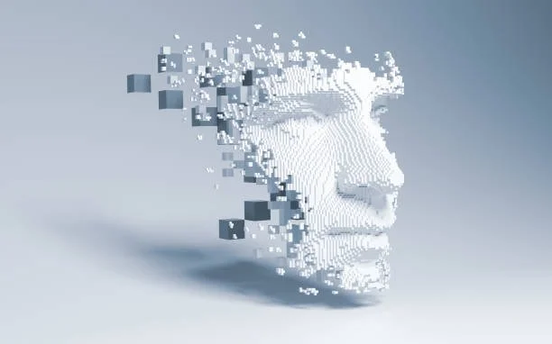 Rappresentazione digitale di un volto umano scomposto in cubi 3D e pixel