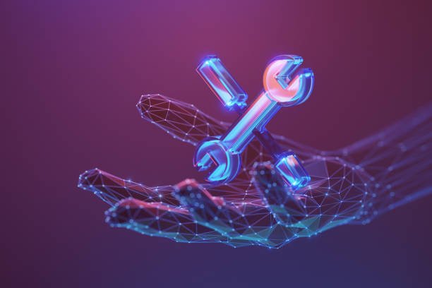 Mano digitale con strumenti tecnologici e cacciavite e trapano fluttuanti.