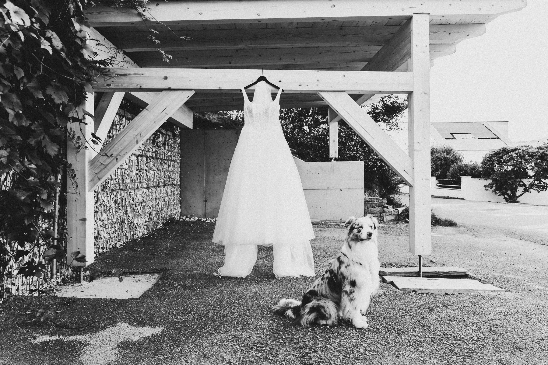 Das Brautkleid vor dem Getting Ready in Schwarz-Weiß.