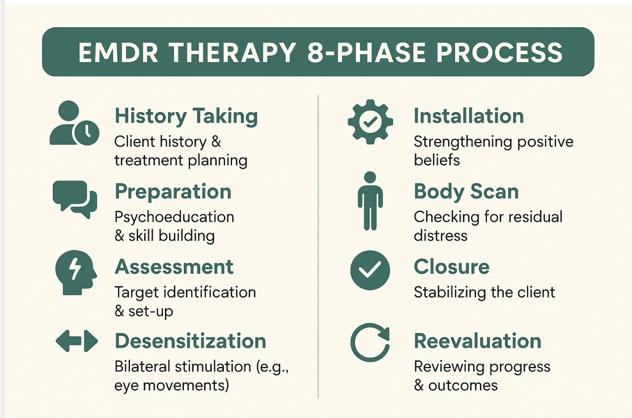 Infographic of the EMDR Therapy 8-Phase Process, including history taking, preparation, assessment, desensitization, installation, body scan, closure, and reevaluation.