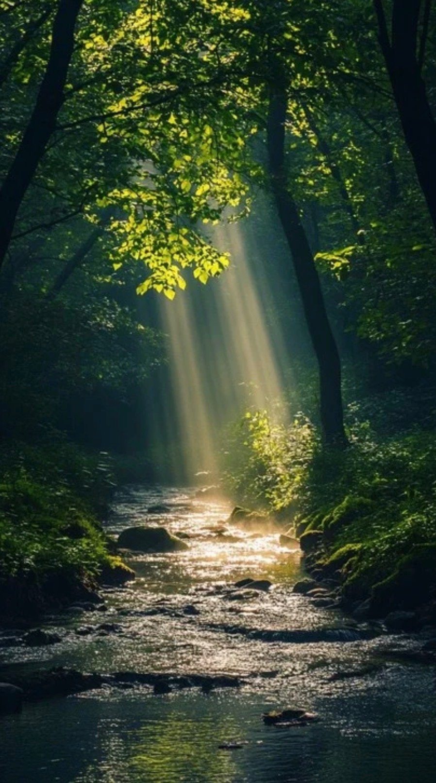 Sunlight streaming through the green foliage onto a forest stream with mossy rocks.