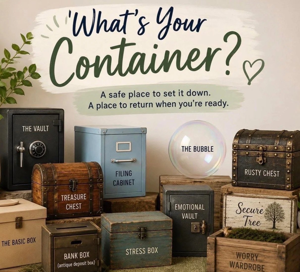 Decorative display of various styled storage containers and boxes, labeled as 'treasure chest,' 'filing cabinet,' 'rusty chest,' 'emotional vault,' 'bank box,' 'stress box,' 'worry wardrobe,' 'the vault,' 'the bubble,' and 'secure tree.' A sign on the wall asks, 'What's Your Container?' with the subtitle, 'A safe place to set it down. A place to return when you're ready.'