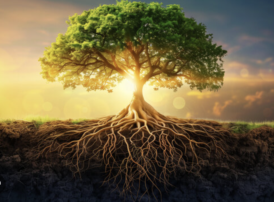 A large tree with lush green leaves is shown with exposed roots, set against a sunset sky. The sun is near the horizon, shining through the branches and roots.