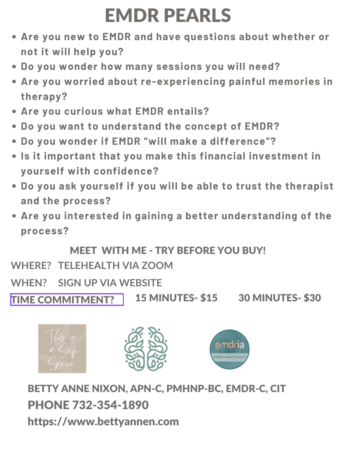 Flyer advertising EMDR therapy sessions via Zoom with details about timing, costs, and therapist information, including Betty Anne Nixon's credentials and contact information.