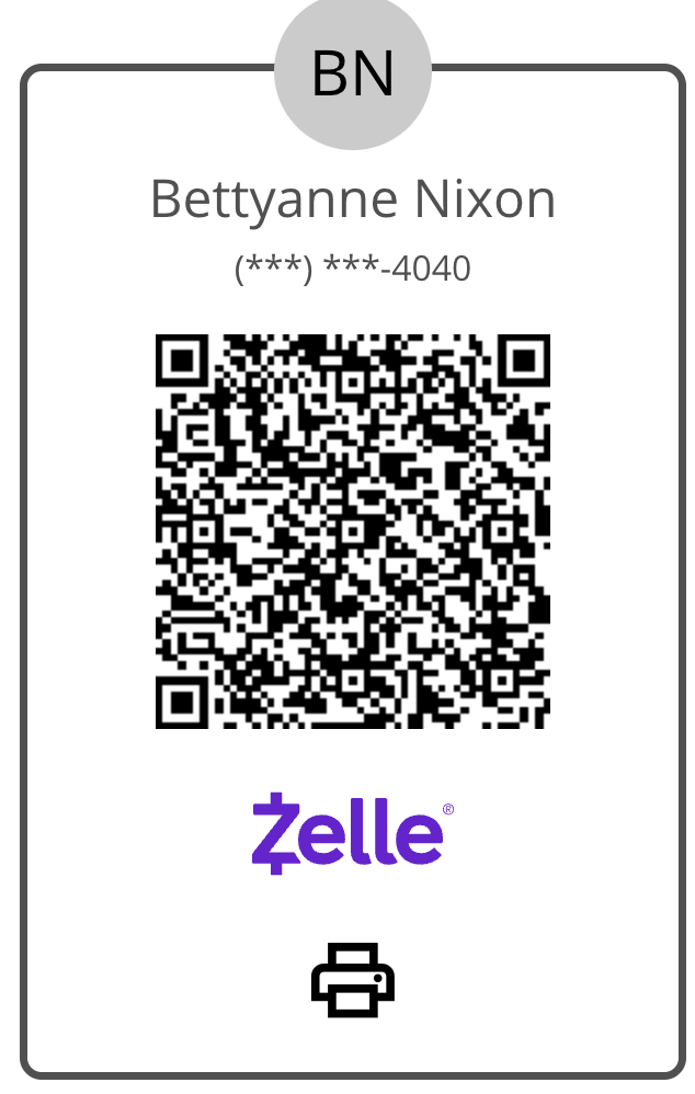 Business card or membership ID for Bettyanne Nixon with a QR code, Zelle logo, and printer icon, and a gray circle with 'BN' at the top.