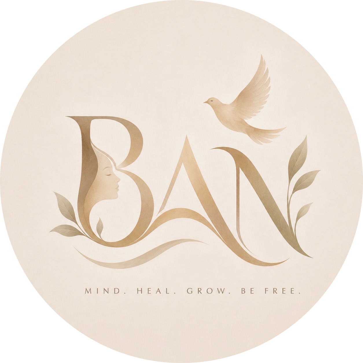 Elegant logo with stylized human face profile within the letter 'B' and a bird flying above, surrounded by leaves. The text below reads 'Mind. Heal. Grow. Be Free.'.