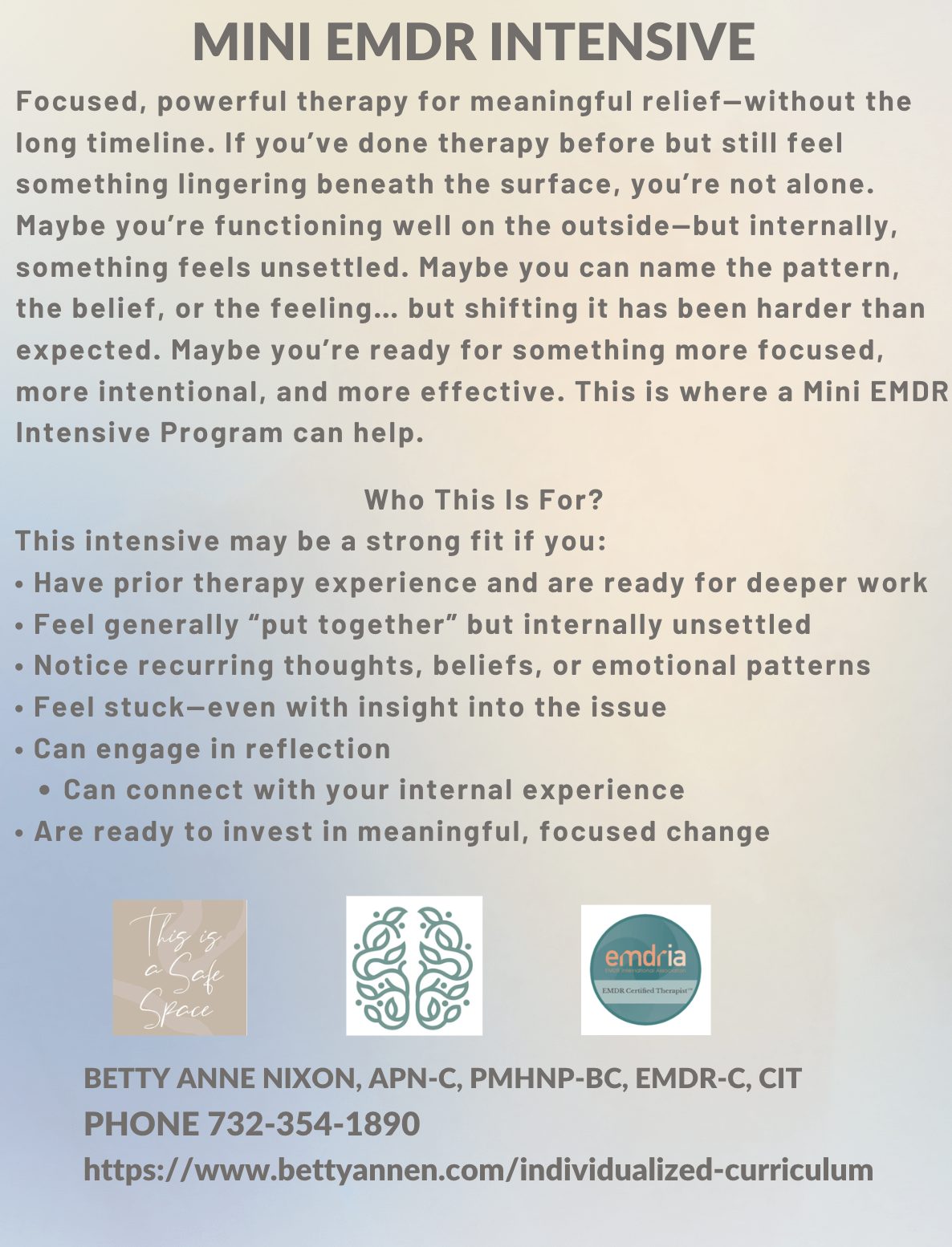 Flyer titled "Mini EMDR Intensive" promoting therapy for emotional relief, including program details, target audience, and contact information for Betty Anne Nixon, a licensed EMDR therapist, with logos at the bottom.