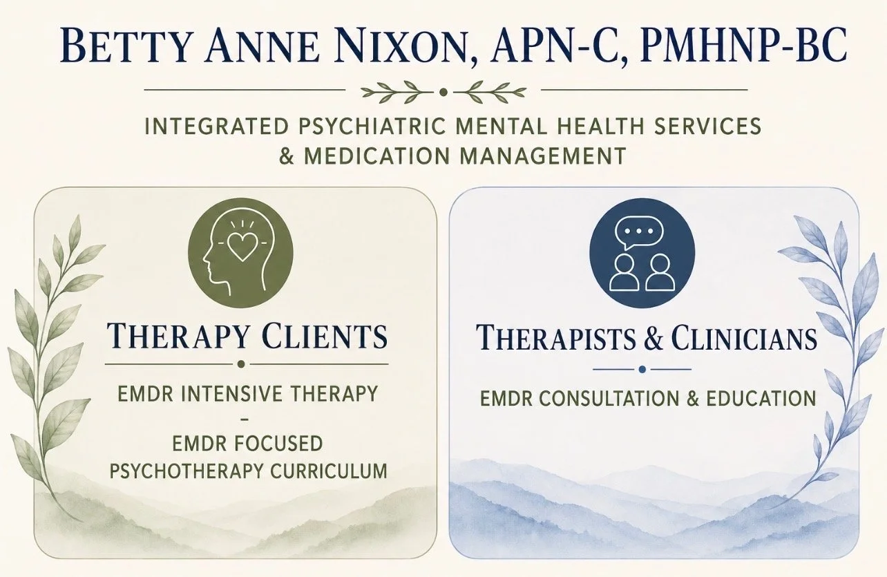 Business card for Betty Anne Nixon, APN-C, PMHNP-BC, offering integrated psychiatric mental health services and medication management, featuring sections for therapy clients and therapists & clinicians with relevant services listed, decorative leaves on sides, and a pastel watercolor background.