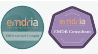 Two logo emblems, one green circular logo reading 'emdria' and 'EMDR Certified Therapist,' and one purple hexagonal logo reading 'emdria' and 'EMDR Consultant.'