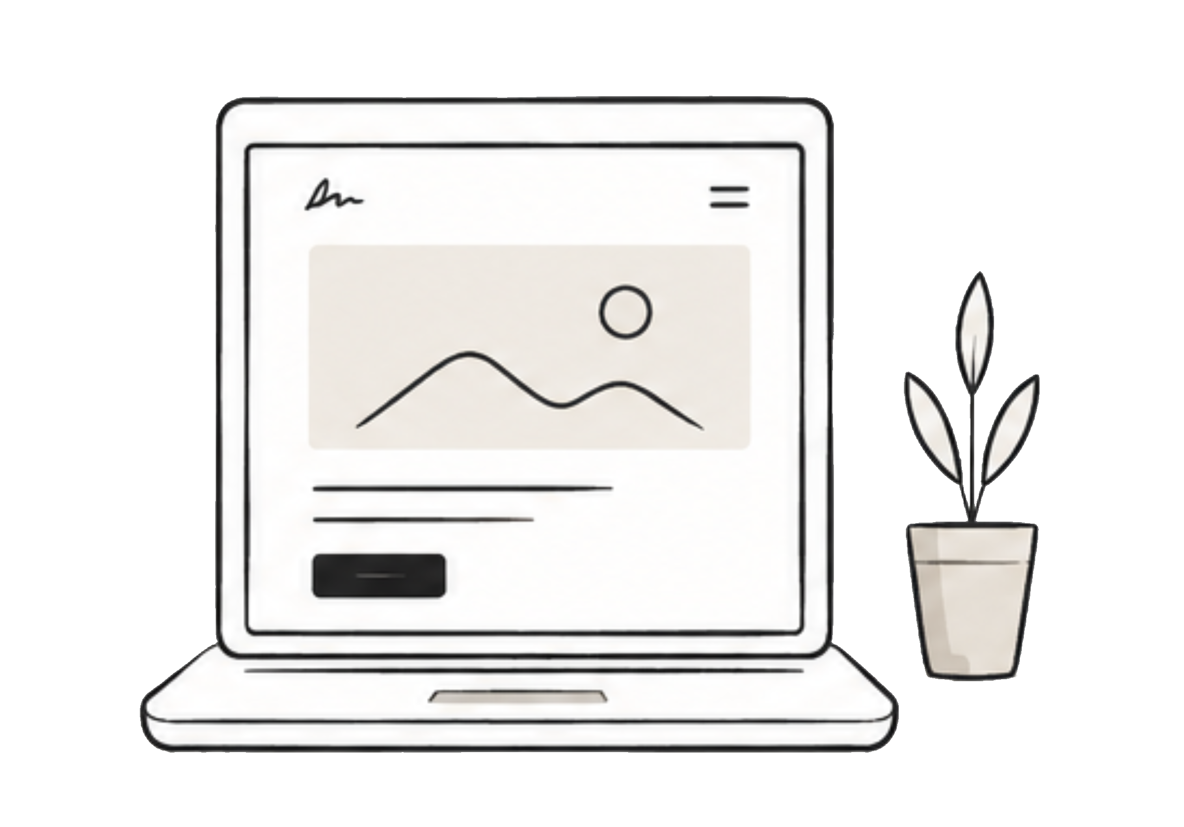 Illustratie van een laptop met een foto-icoon op het scherm en een plantenpot ernaast.